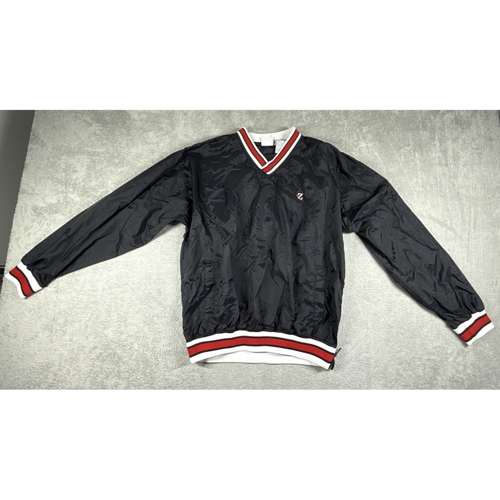 Vintage Jerzee's Men's Nylon V-Neck Windbreaker Black w/ Red/White Sleeves M